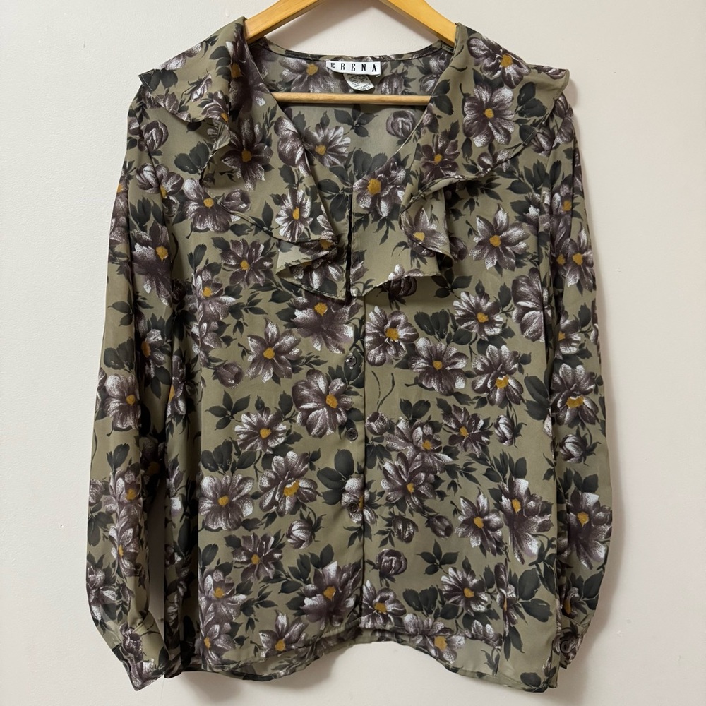 ERENA (size 12) vintage olive green purple Floral ruffle collar button up blouse